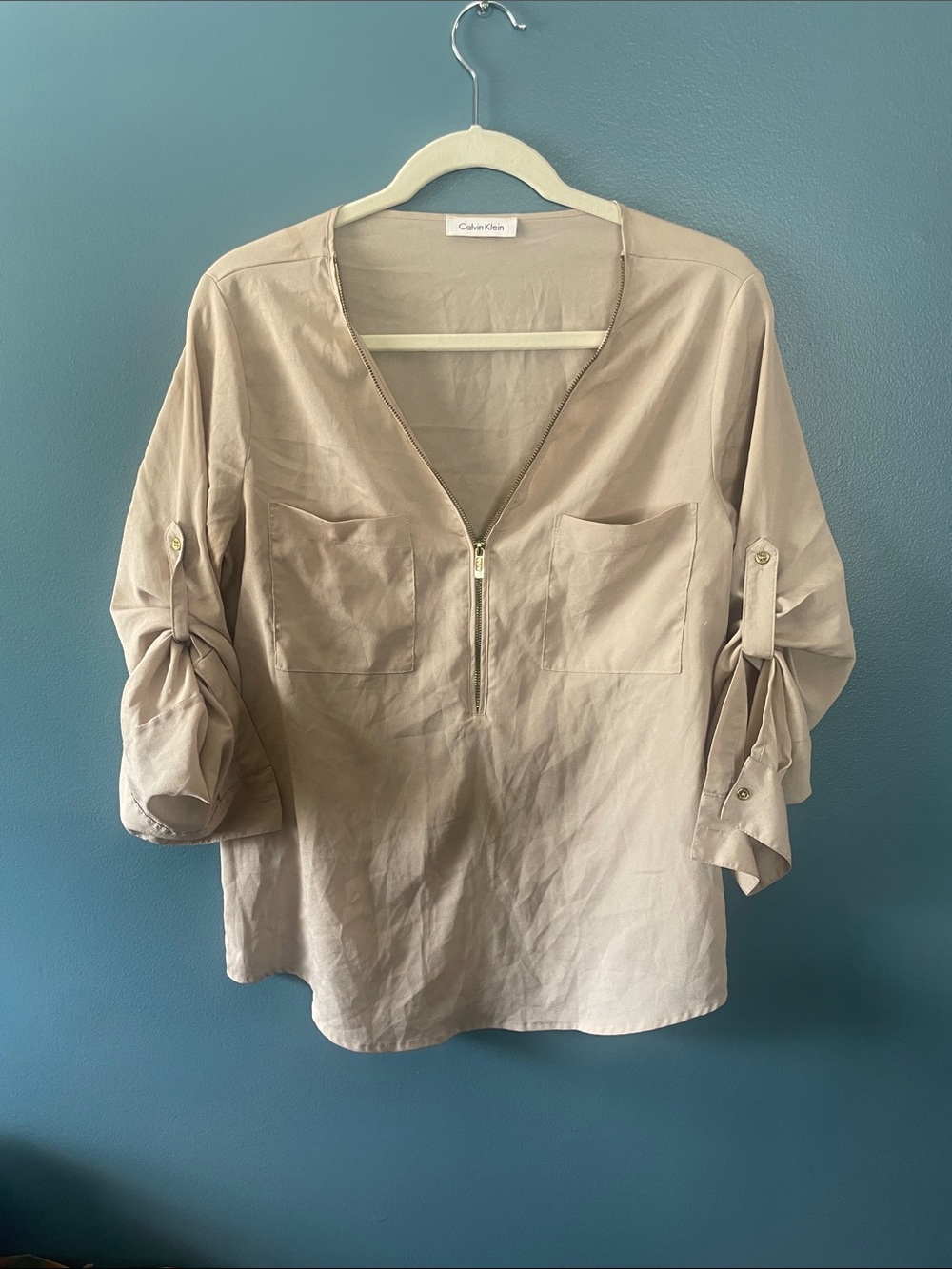 Calvin Klein Neutral Beige Zip-Front Roll-Sleeve Blouse
